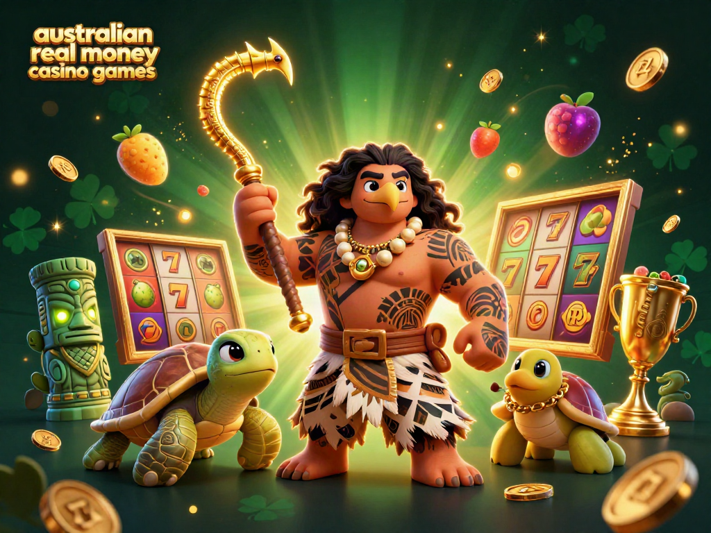 Explore thrilling australian real money casino games with a captivating 3D illustration of vibrant characters and elements.