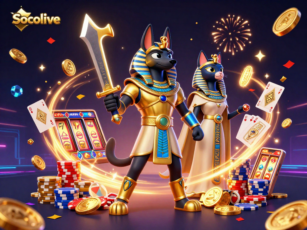 Socolive animates ancient Egyptian imagery with golden coins and dynamic gaming action.