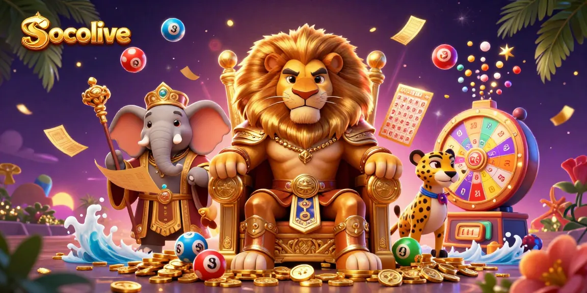 Socolive captures the excitement of gambling with a dynamic scene of a lion king, elephant advisor, and cheetah messenger surrounded by colorful lottery elements.