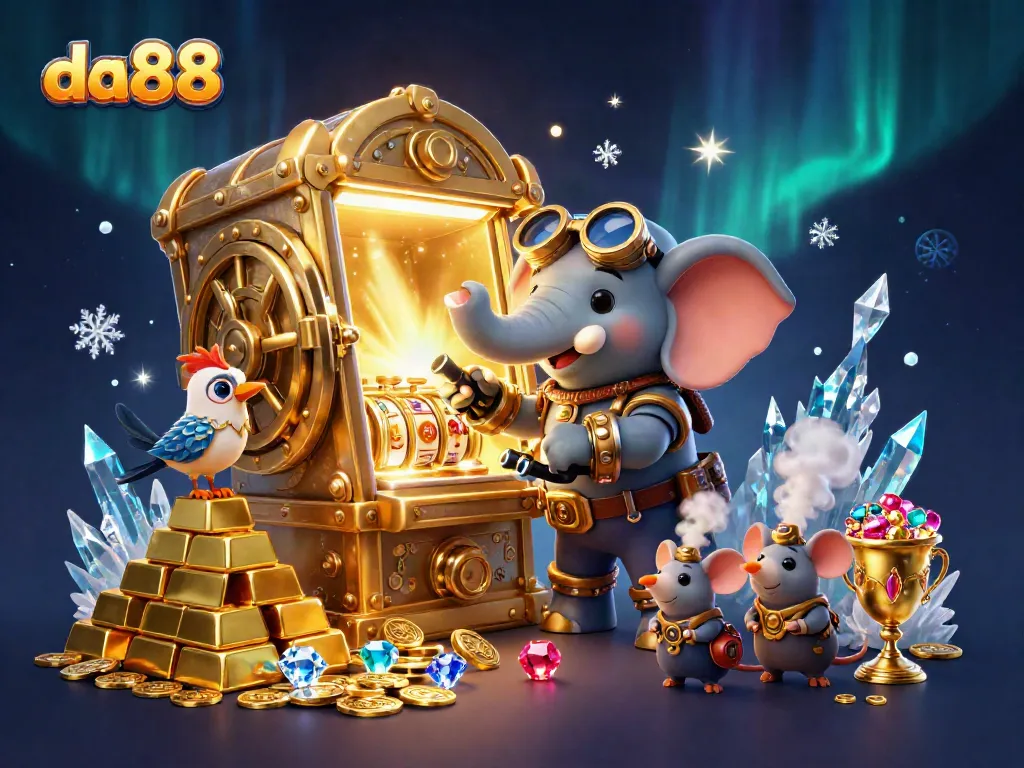 Spin the golden slot machine at da88 with a steampunk elephant engineer and treasures surrounding.