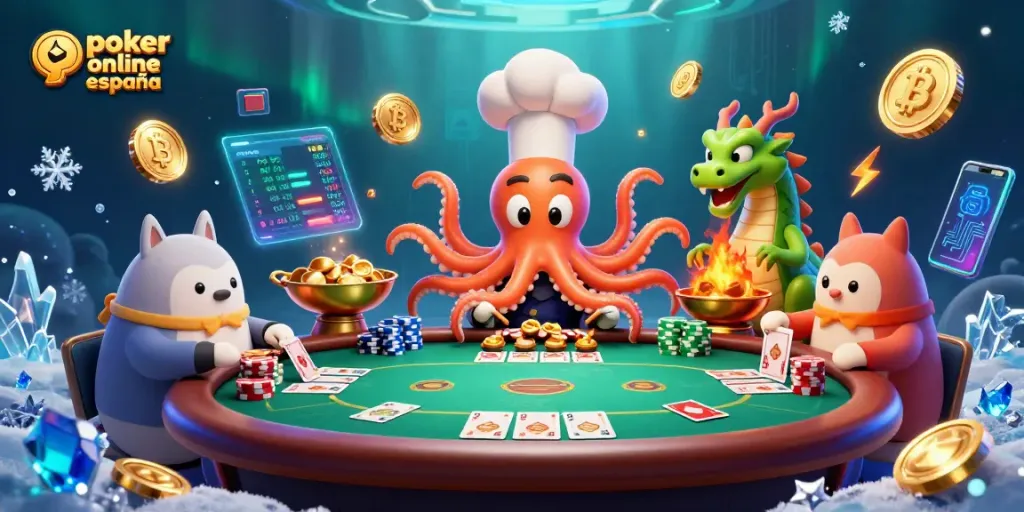 Juega al poker online en España con entusiasmo y estrategia, rodeado de elementos vibrantes y recompensas.
