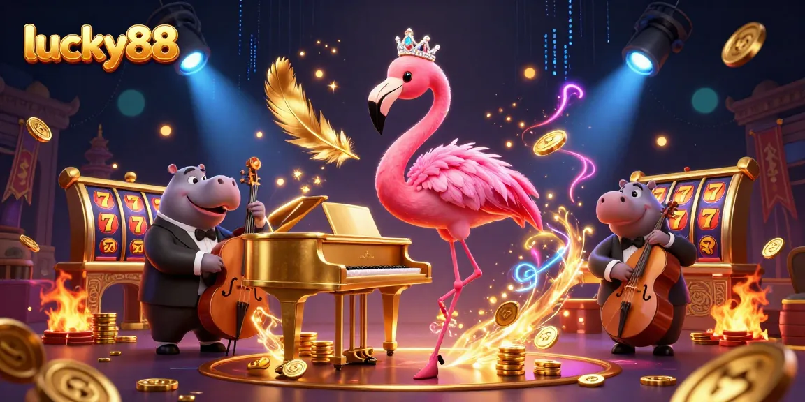 Watch lucky88 in action with vibrant slot elements and animated characters in a rich casino scene.