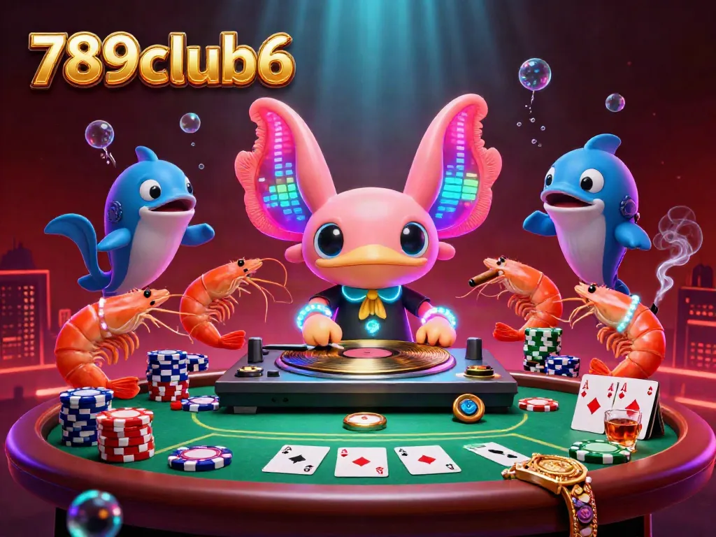 Immerse in the vibrant action of 789club6 with an energetic axolotl DJ, poker elements, and underwater atmosphere.