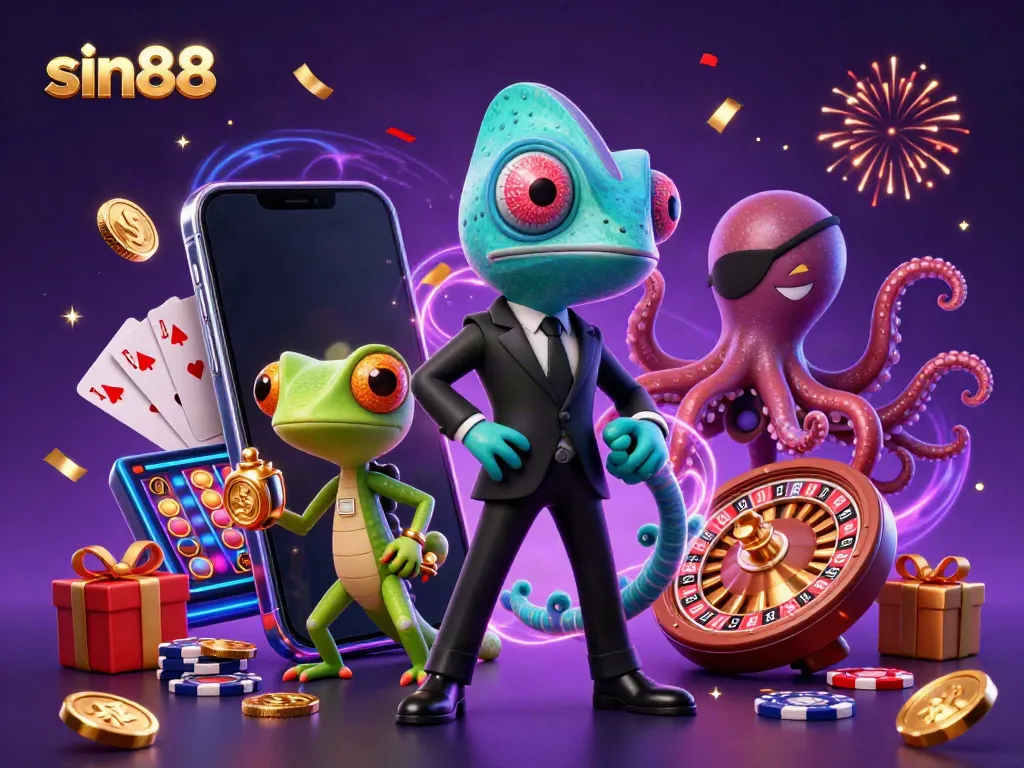 Experience thrilling moments at sin88 with a vibrant 3D illustration filled with dynamic casino elements.