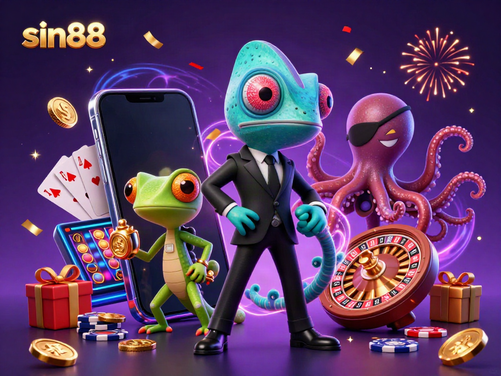 Experience thrilling moments at sin88 with a vibrant 3D illustration filled with dynamic casino elements.