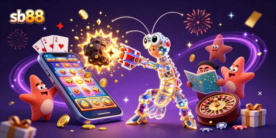 Engage in thrilling casino excitement with sb88's vibrant 3D digital illustration featuring slot games and festive elements.