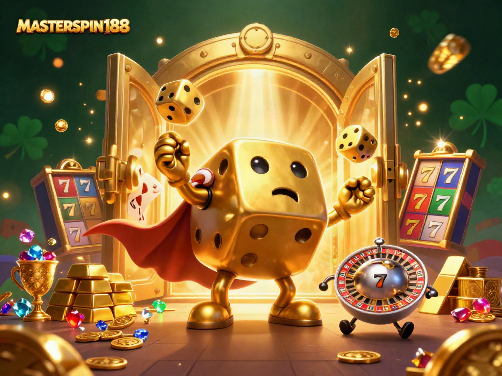 Engage with the thrilling excitement of MASTERSPIN188's vibrant casino world, showcasing dazzling slot reels and golden treasures.