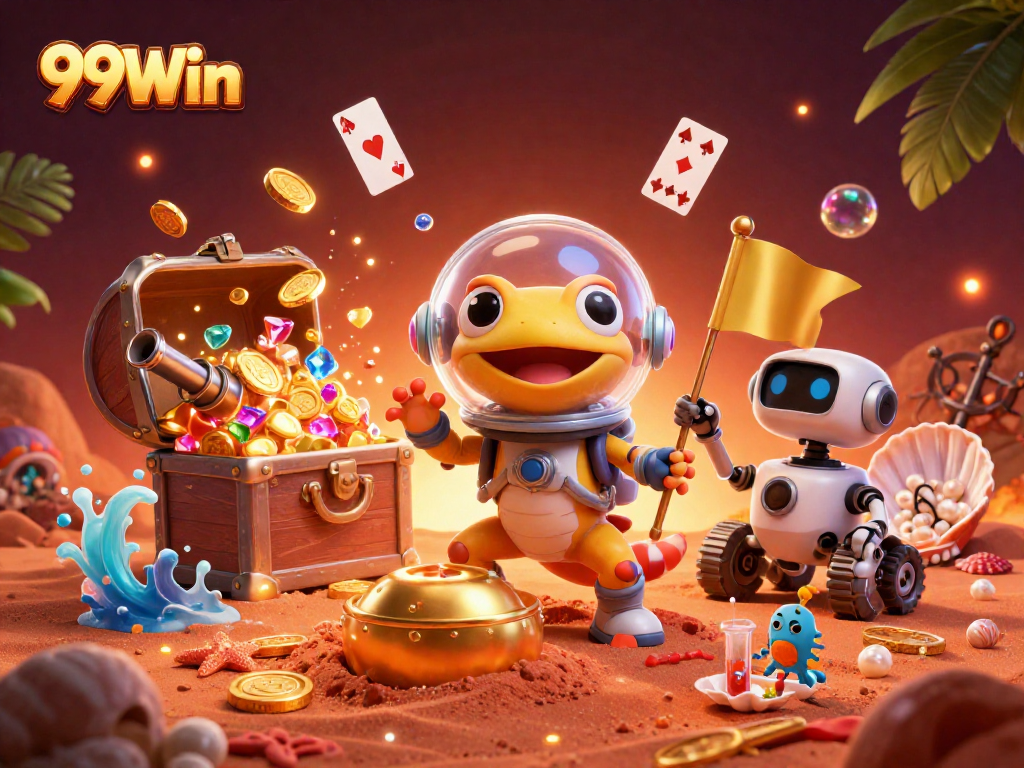 Experience the excitement of 99Win with a vibrant illustration of Martian adventure in a casino.