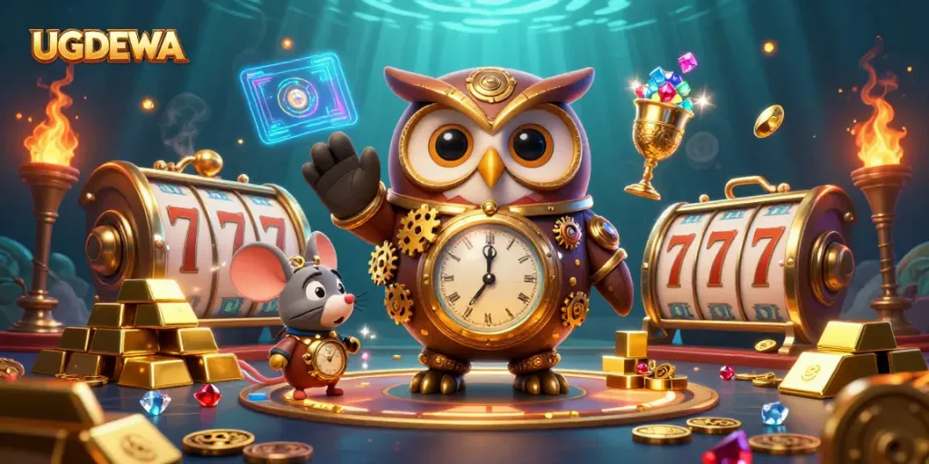 Spin the reels and uncover treasures in the vibrant UGDEWA casino scene filled with gold and gems.