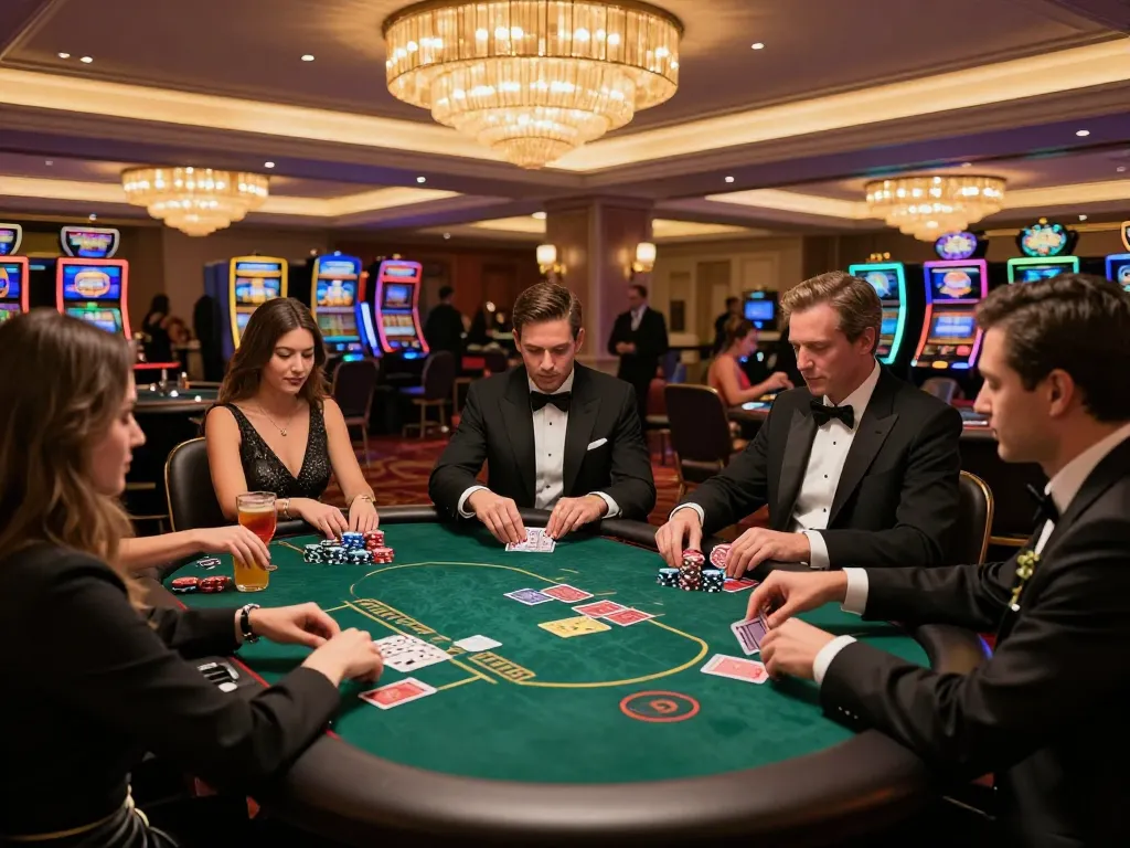 Players engaged in a high-stakes poker game in a VIP area at a luxurious casino, showcasing a vibrant atmosphere while testing strategies at rokok88.