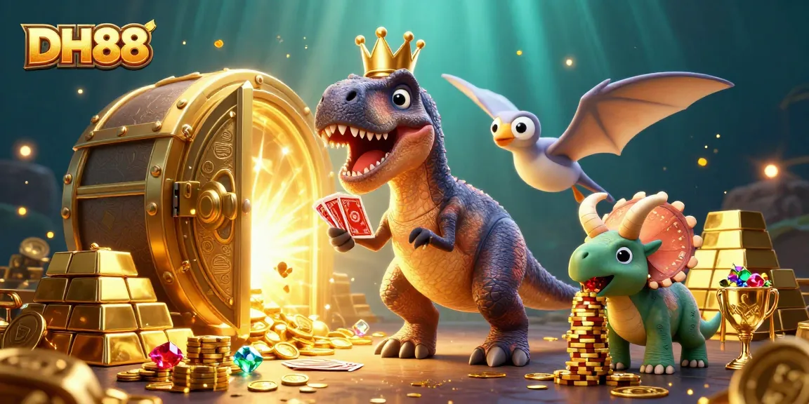 Enjoy thrilling moments at DH88 with a fun T-Rex shuffling cards in a vibrant casino scene.