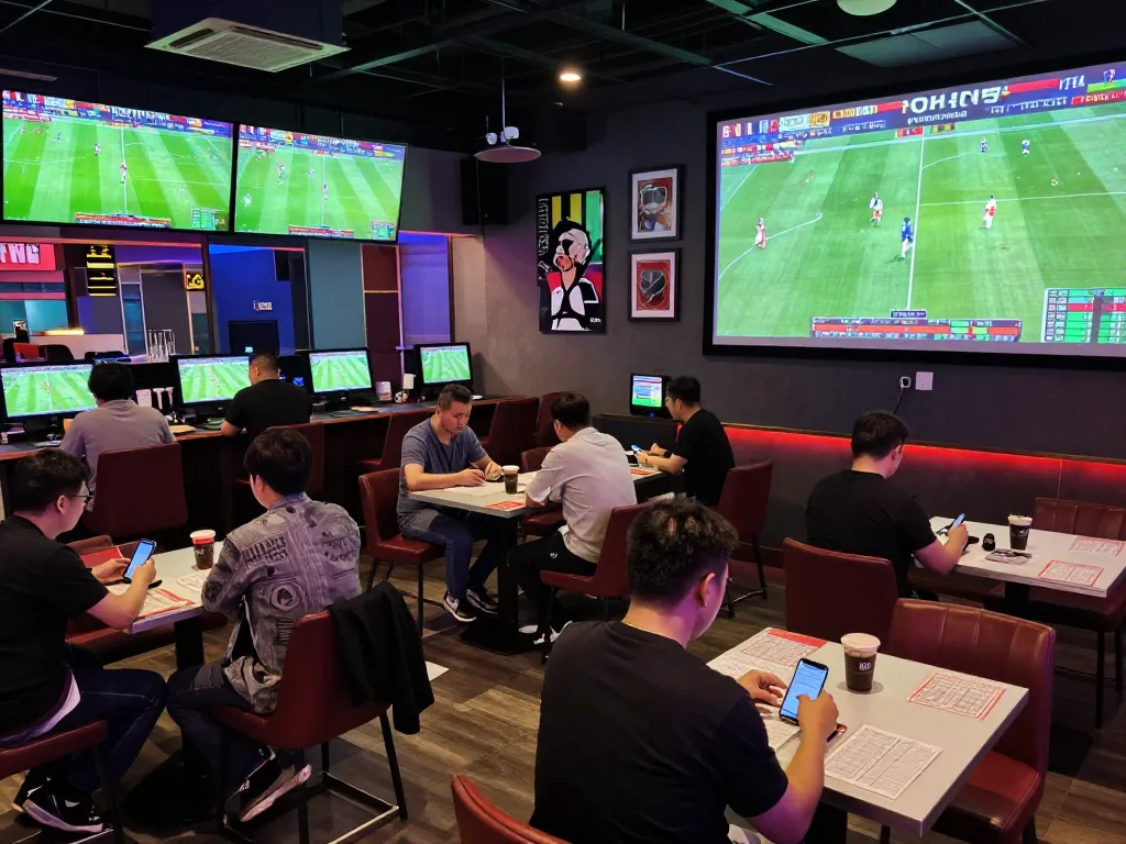 BONGDALU patrons enthusiastically analyzing odds in a modern sports betting lounge.