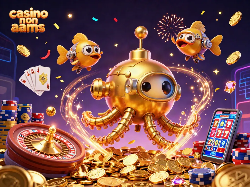 Esplora l'emozionante mondo dei casino non AAMS con una giostra di monete dorate e pesci meccanici.