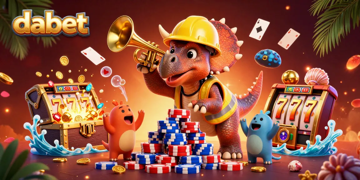 Dabet engages players with dynamic slot machines and cheerful characters in 3D casino illustration.