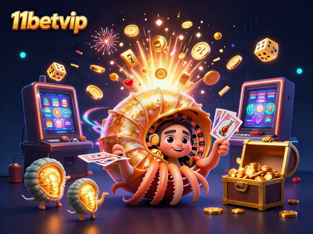 Engage in thrilling gameplay at 11betvip with a vibrant casino scene featuring colorful slot machines and cards.