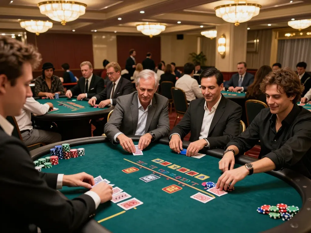 GO88 players strategizing at poker tables in a vibrant casino atmosphere.