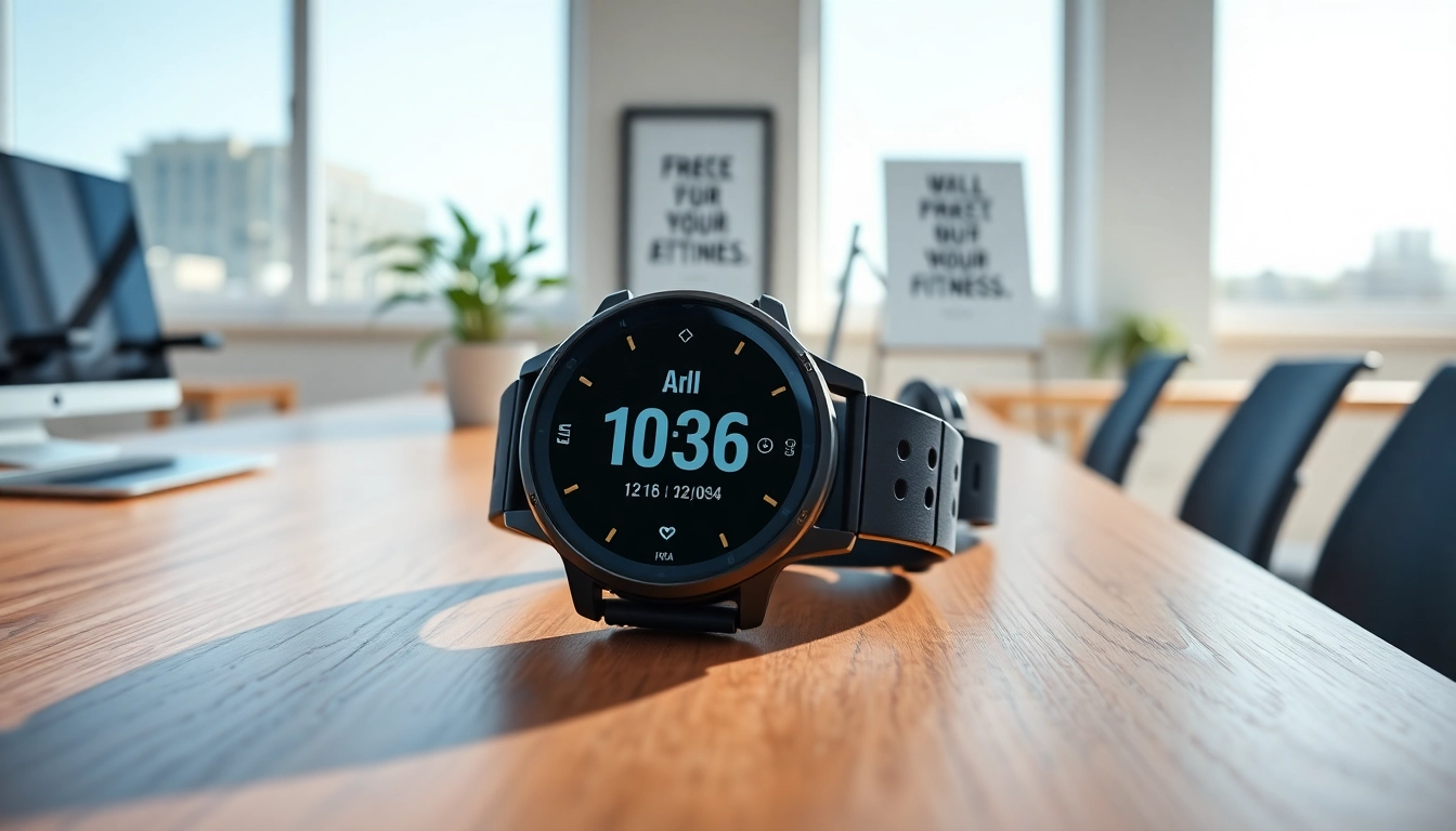 Garmin smartwatch showcasing fitness metrics on a wooden desk in a modern office.