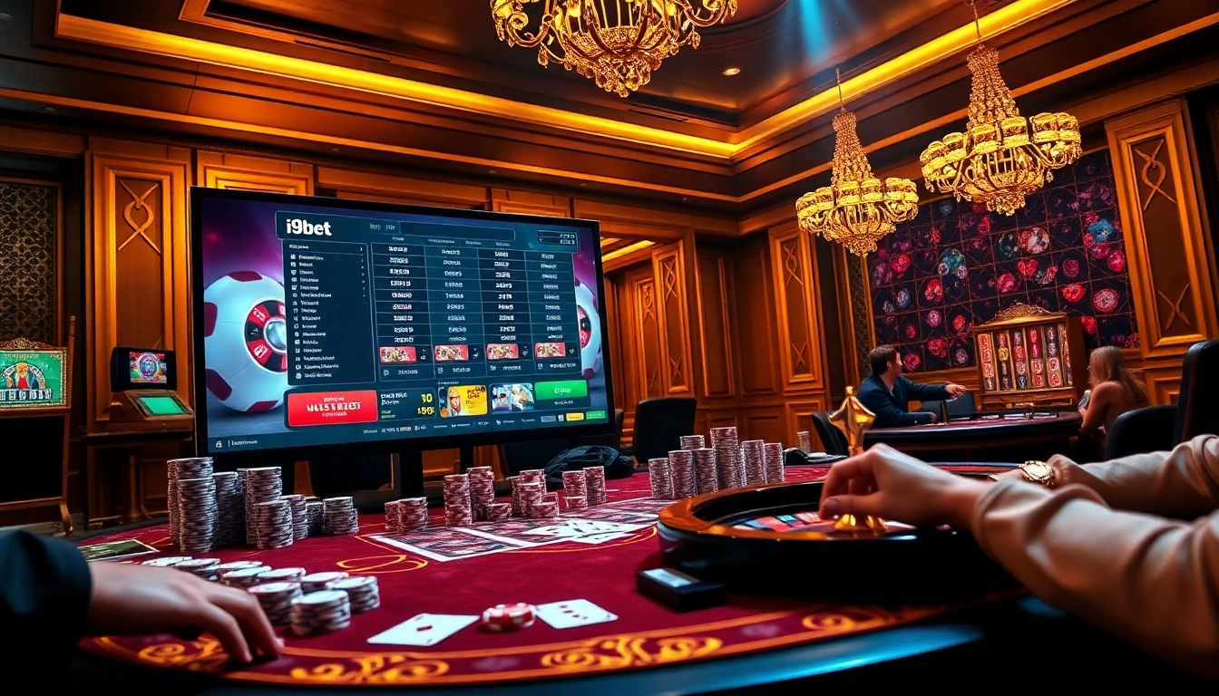 Exciting gameplay at i9bet with vibrant casino elements like poker chips and roulette.