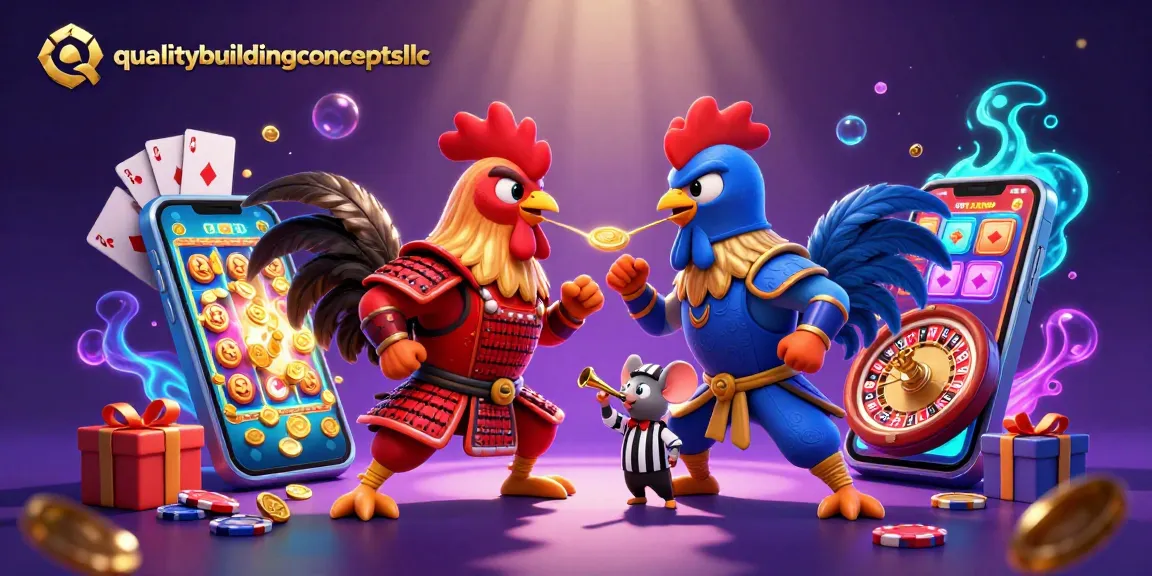 Engaging scene of twin fighting roosters representing qualitybuildingconceptsllc amidst thrilling slot game elements.