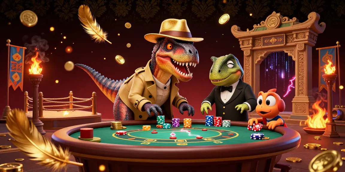 hello88 enhances excitement at a blackjack table with cartoon velociraptor players and thrilling atmosphere.
