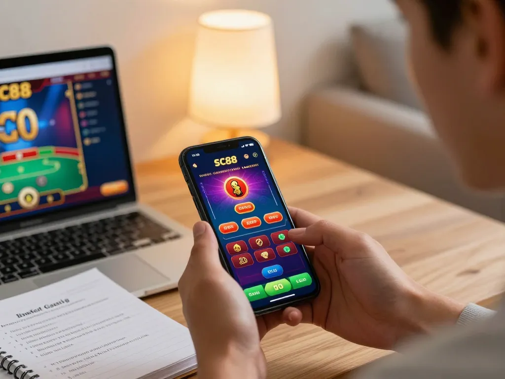 Engaging gameplay on the SC88 mobile app shows live betting options in a cozy home setting.