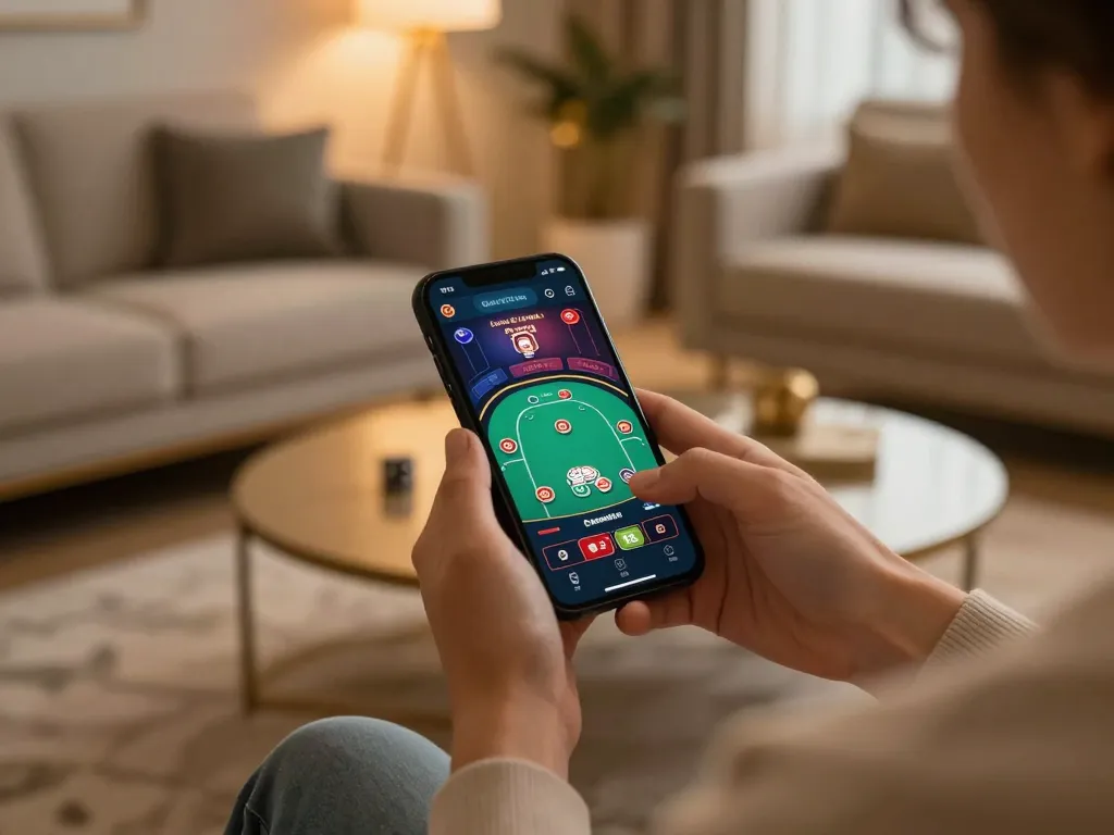 Mobile gaming experience showing cm88-vn interface on a smartphone in a cozy living room.