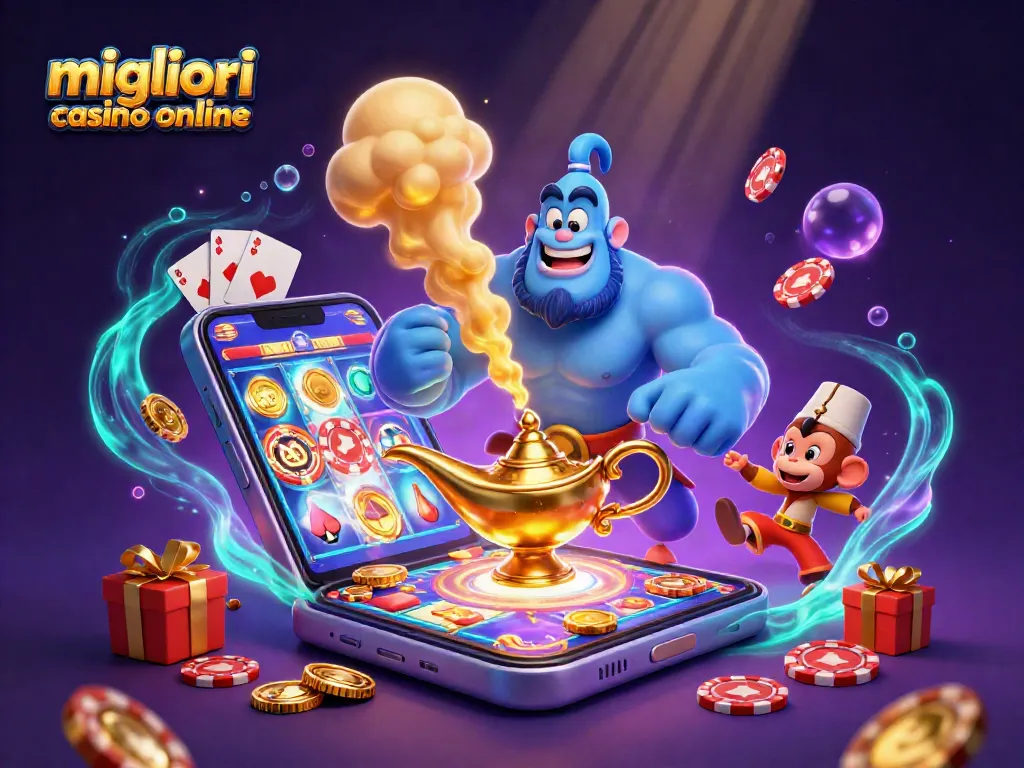 Gioca ai migliori casino online con il genio e un tappeto magico in un'illustrazione vivace.