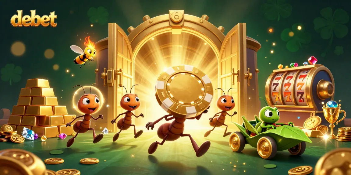 Ants execute a debet casino heist, carrying a giant poker chip amidst riches, spinning slots, and jewels.