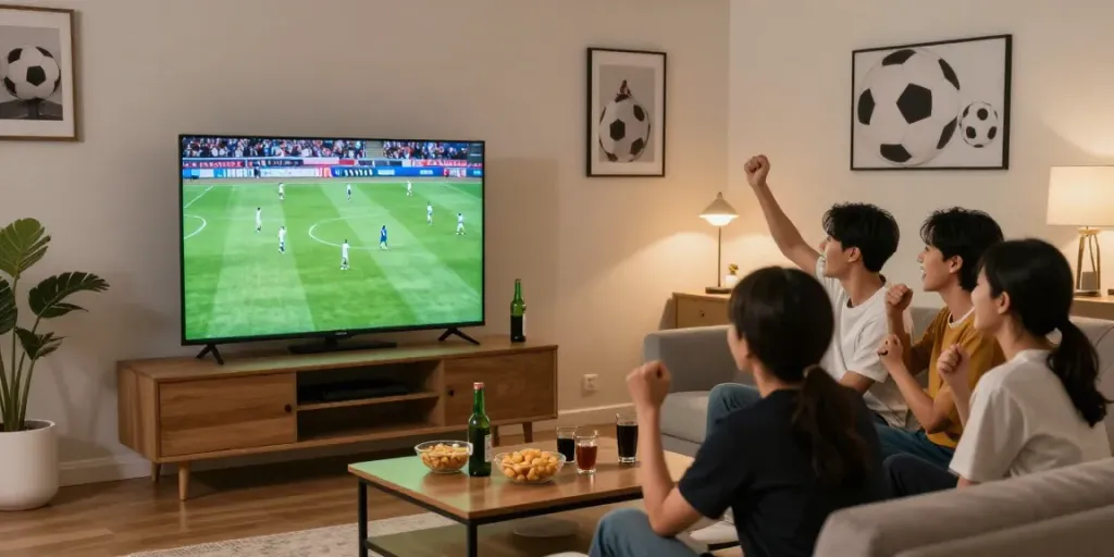 Exciting football match streaming on https://cakhiatv.team/ with friends enjoying snacks and drinks in a vibrant living room.
