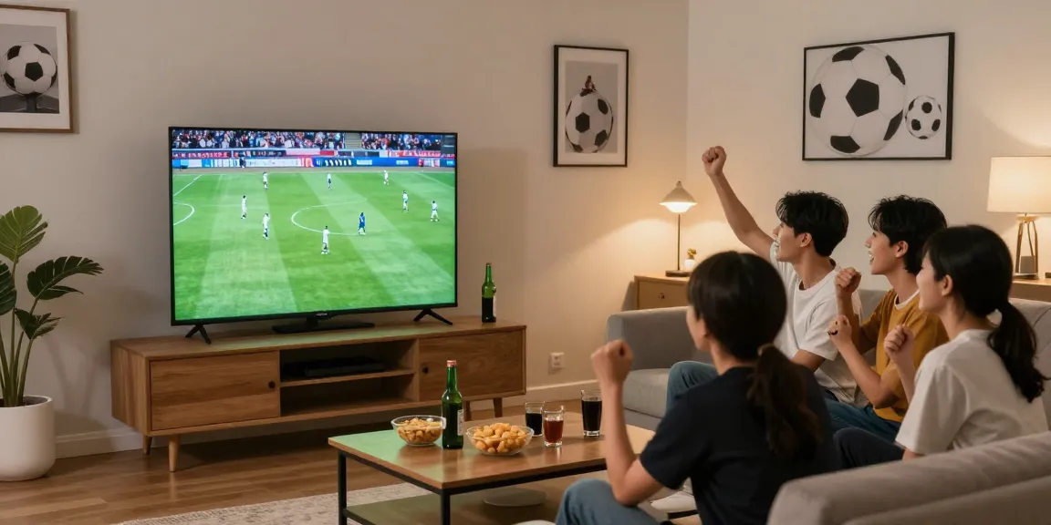 Exciting football match streaming on https://cakhiatv.team/ with friends enjoying snacks and drinks in a vibrant living room.