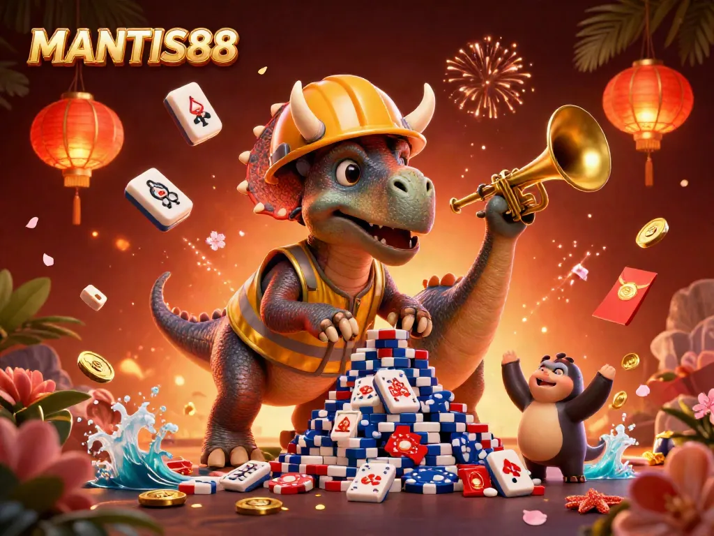 MANTIS88 showcases a vibrant celebration with a triceratops and a parasaurolophus amidst joyful casino elements.