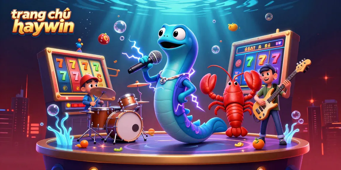Engaging scene showcasing trang chủ haywin with an electric eel DJ, lobster drummer, and seahorse guitarist in a vibrant underwater casino.