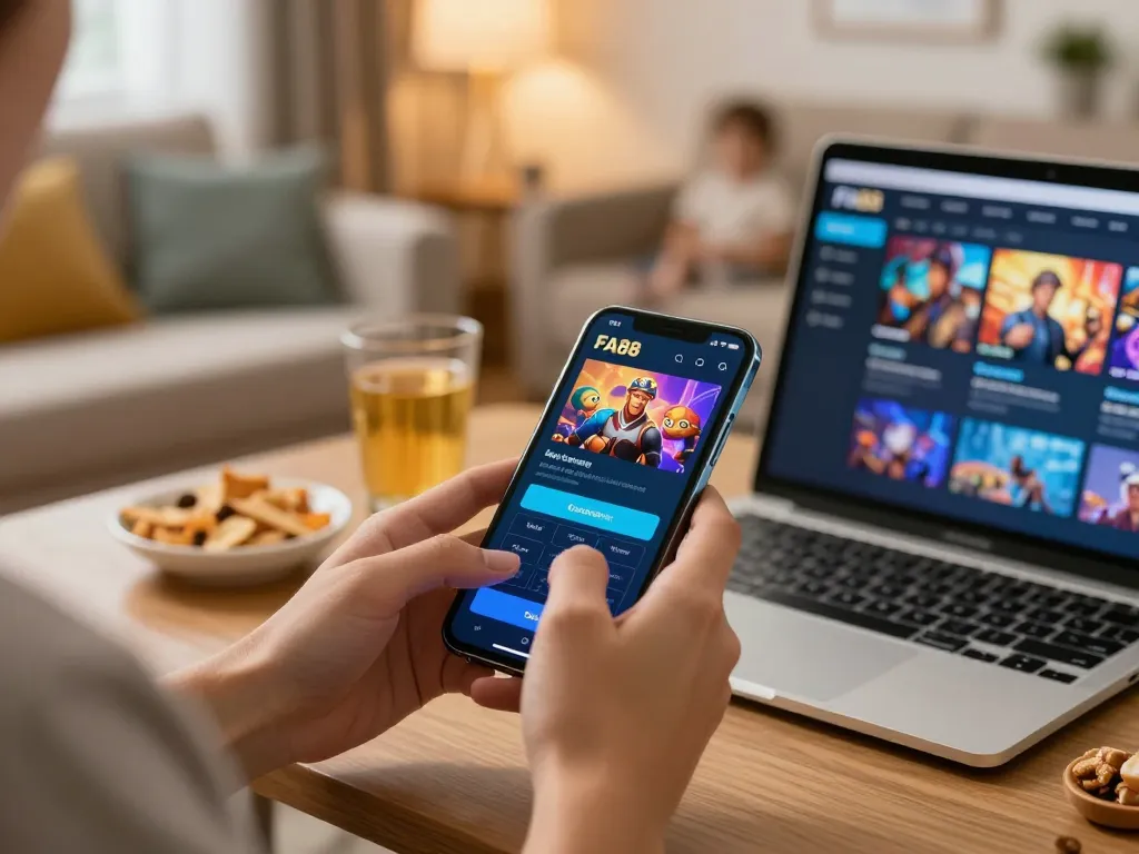 Player using FA88 app to place bets in a cozy home setting, showcasing interactive gaming experience.