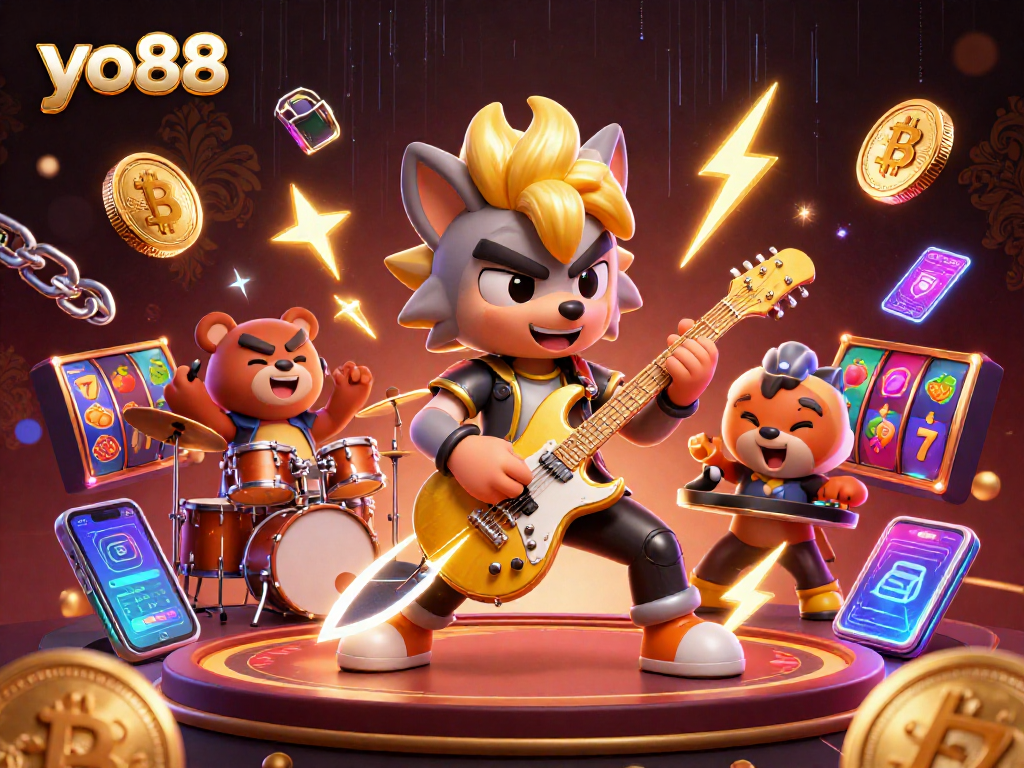 Experience the thrill of yo88 with a vibrant cartoon scene featuring rock star characters and exciting slot symbols