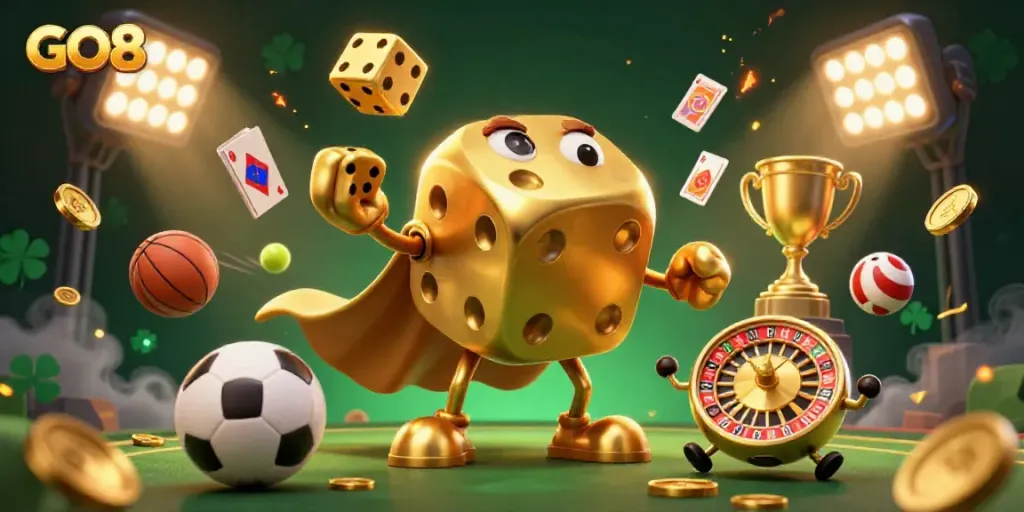 Engaging GO8 casino-themed illustration with a golden dice golem and dynamic sports elements.