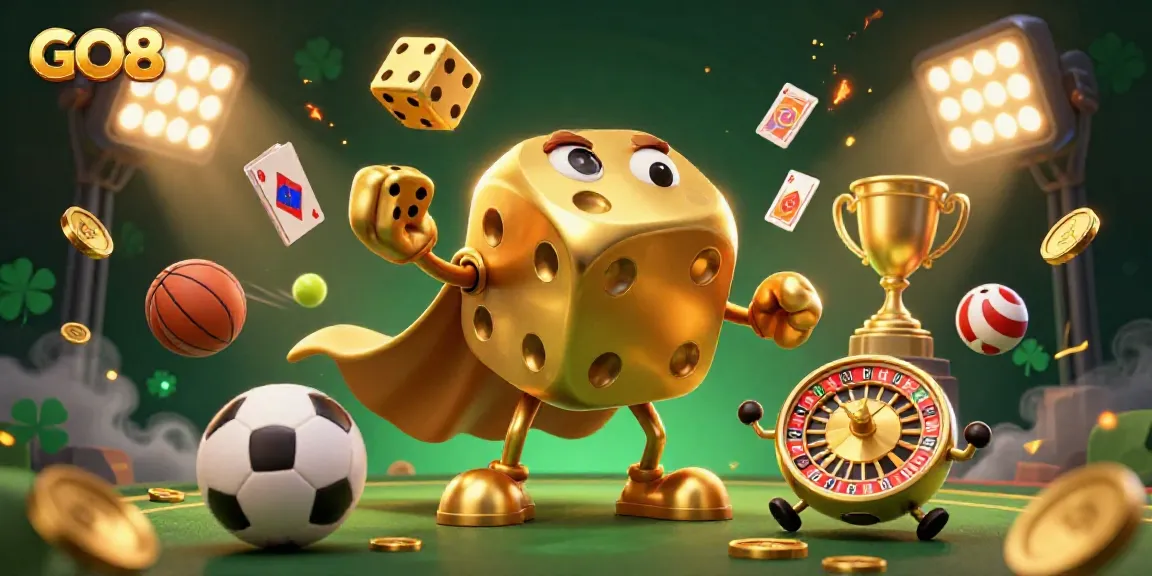 Engaging GO8 casino-themed illustration with a golden dice golem and dynamic sports elements.