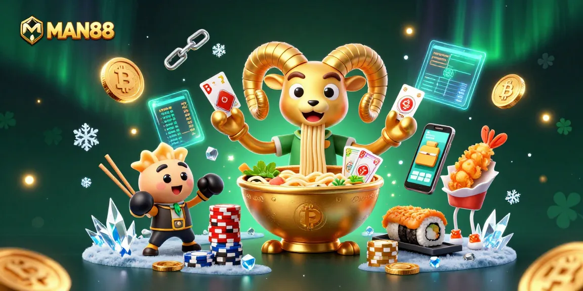 Engage in thrilling action with MAN88 in this vibrant casino scene featuring colorful characters and crypto elements.