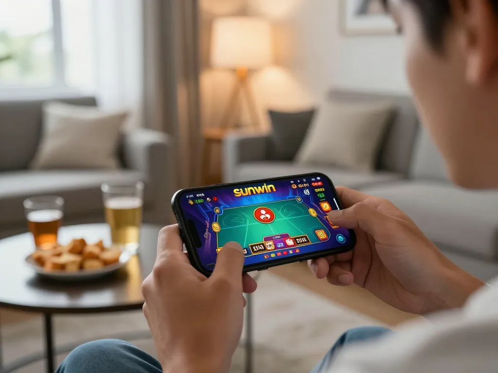 Engaging gameplay with LINK SUNWIN app displayed on smartphone in cozy home environment, enhancing player experience.