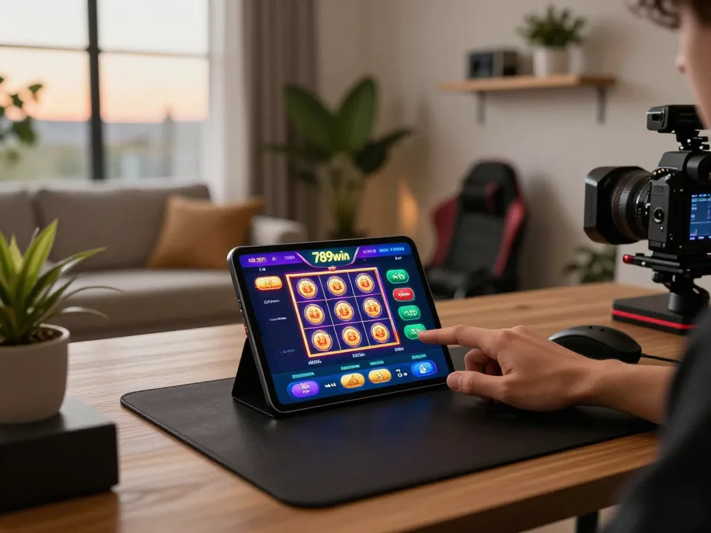 Player engaging with the 789win online casino app on a smartphone in a cozy home setup.
