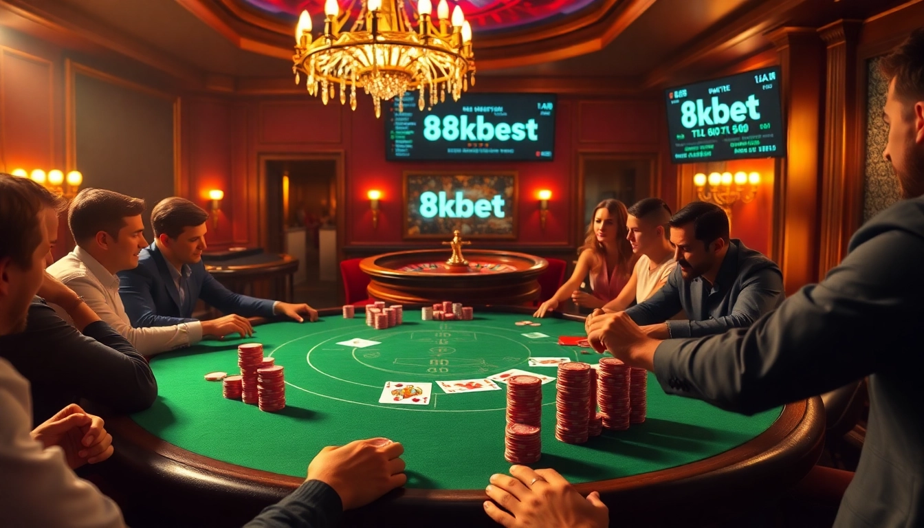 Experience excitement with 8kbet at a luxurious poker table with vibrant chips and thrilling gameplay.