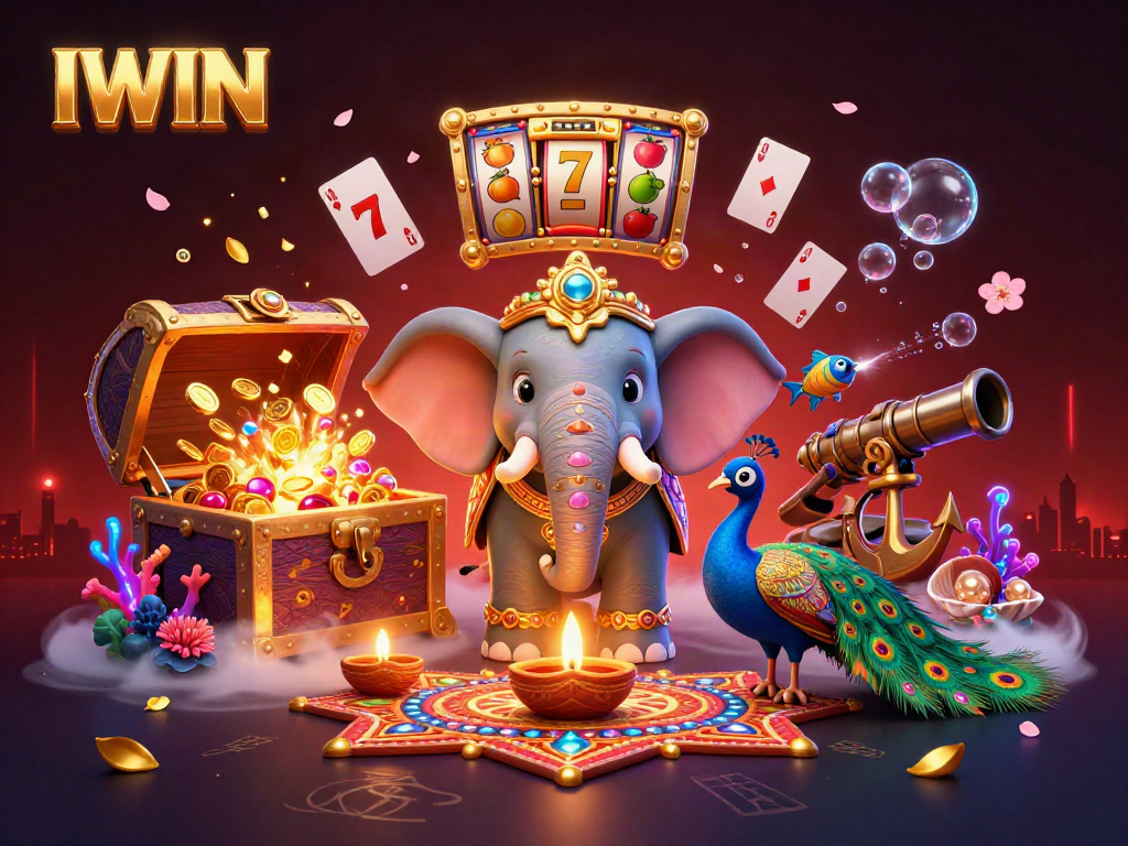 IWIN players engage in dynamic slot games with colorful gems and vibrant casino elements in a captivating 3D scene.