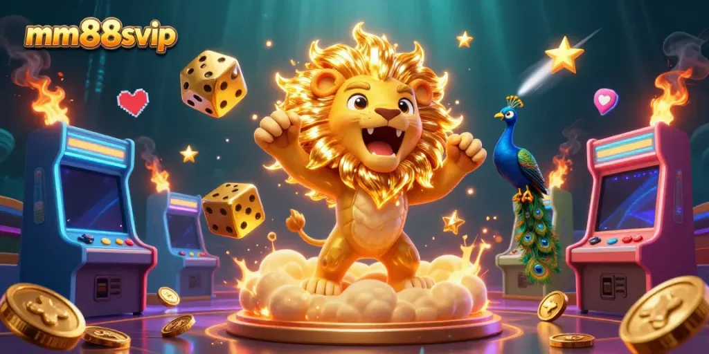 Feel the thrill of winning at mm88svip with vibrant casino elements, featuring a roaring lion and dynamic characters.