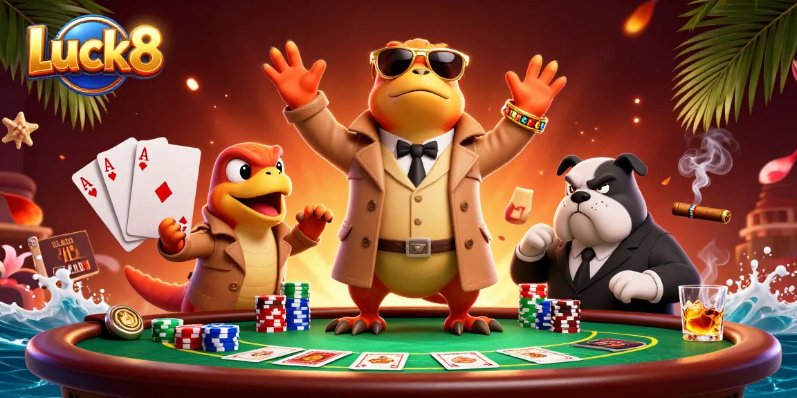 Luck8 raptors humorously attempting VIP casino entry amidst poker scene dynamics.
