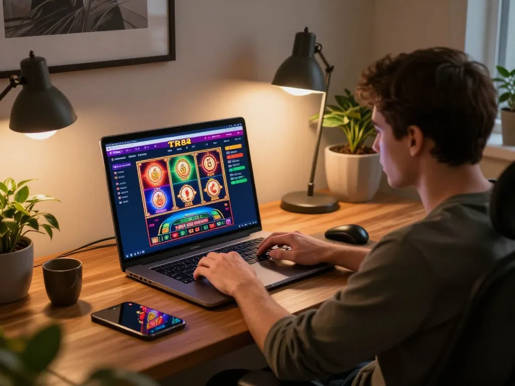 Player engaging with the TR88 online casino on a laptop in a cozy home setting, showcasing strategic gameplay.