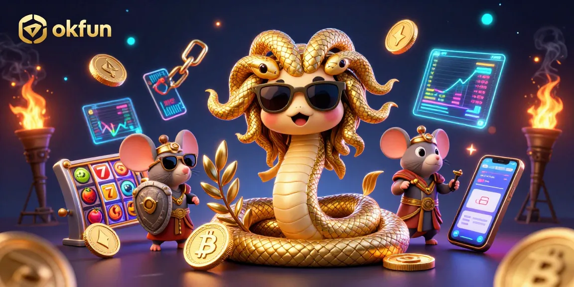 Spin the reels with okfun's energetic casino scene featuring Medusa and coins