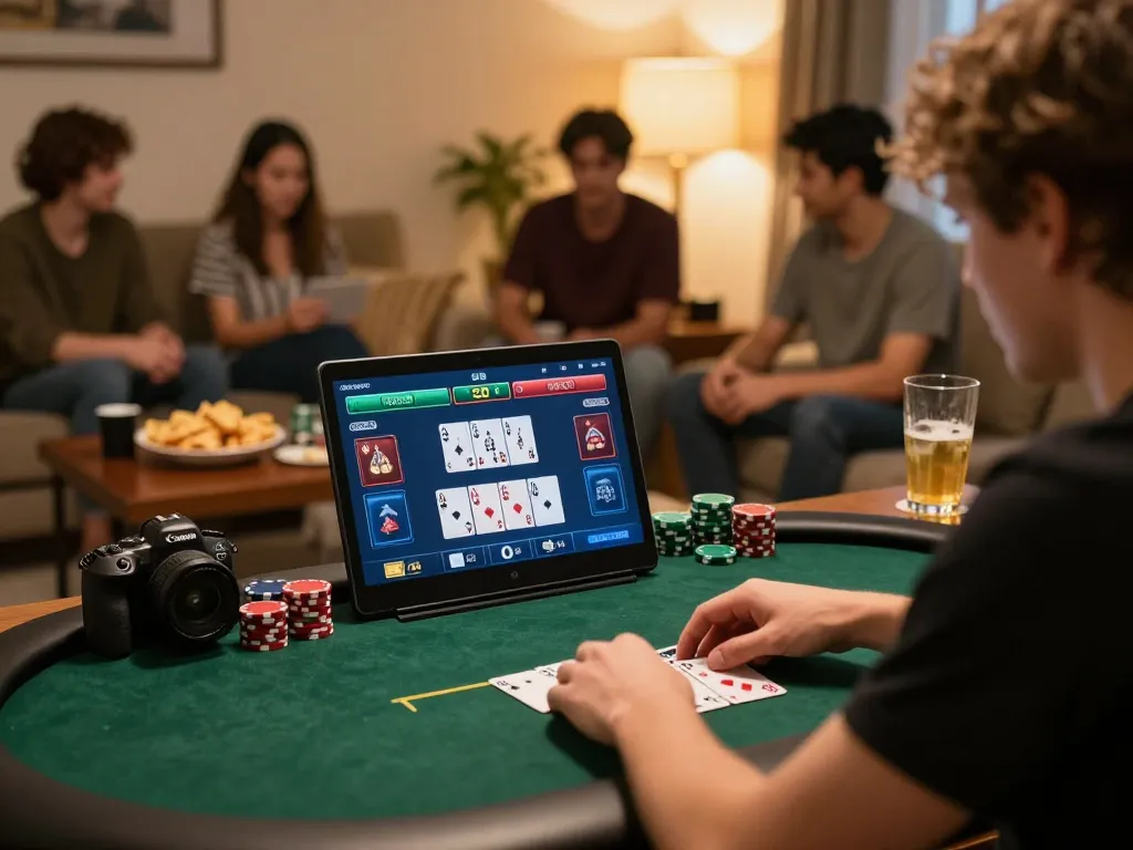 Engaging poker gameplay at home in Paris with warm lighting and snacks.