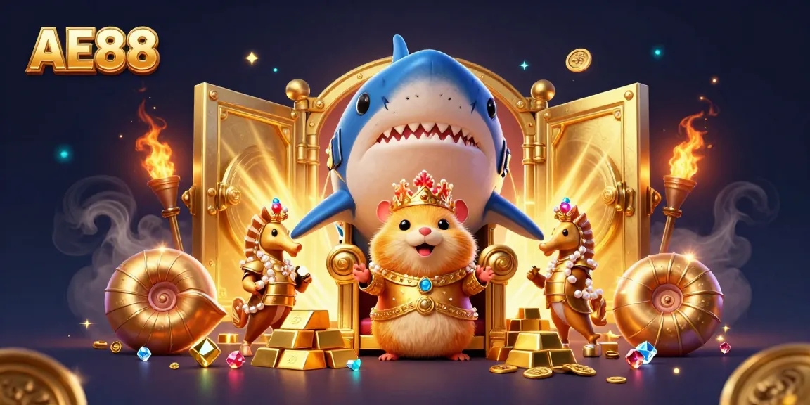 Experience thrilling gaming adventures with AE88 in a dynamic casino scene featuring treasures and a fierce king.