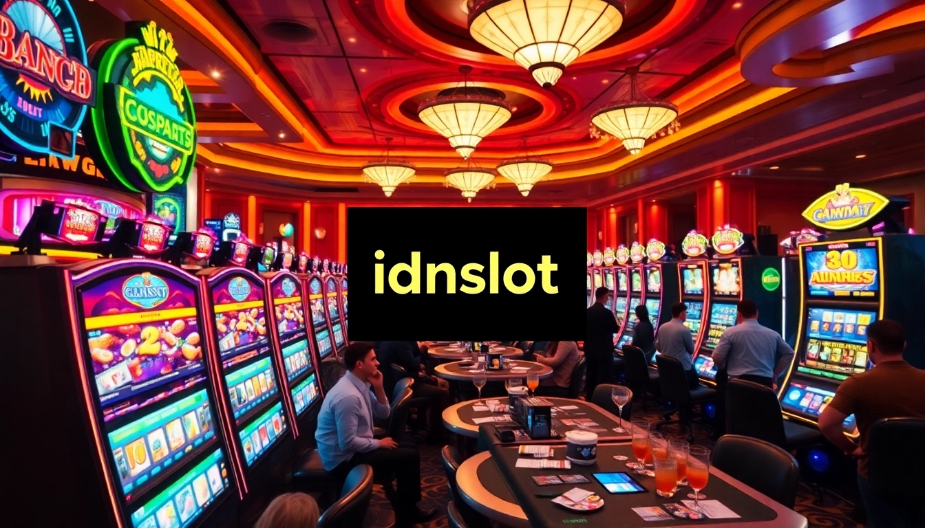 Engaged players enjoying the vibrant energy of idnslot machines in a luxurious casino environment.