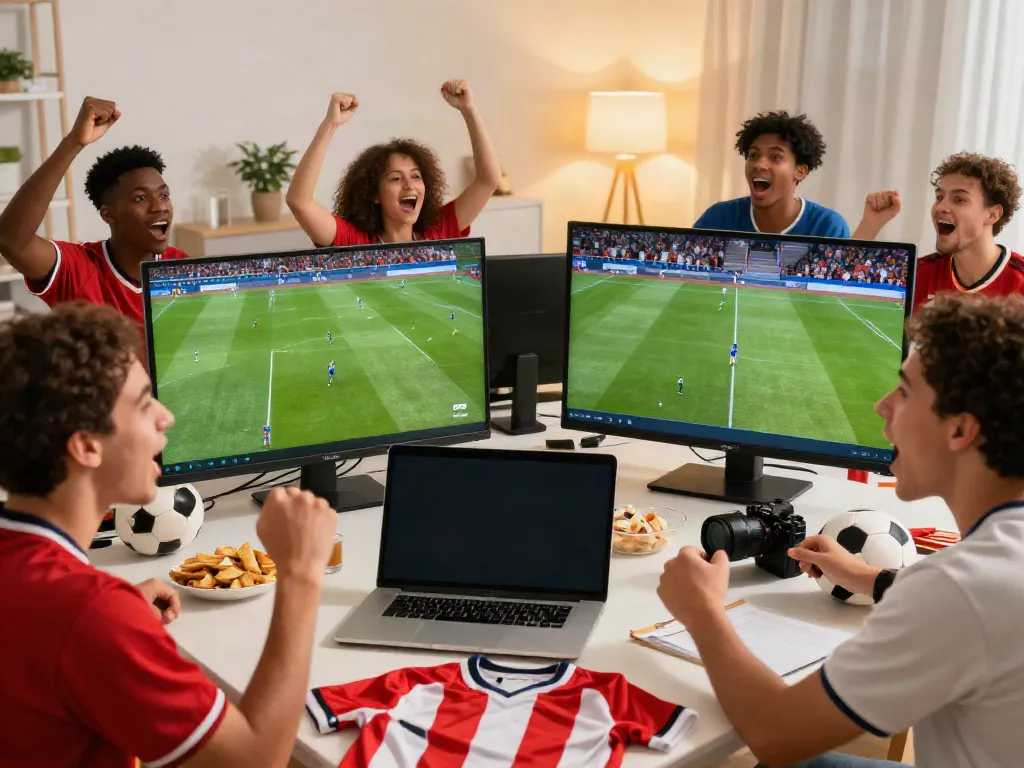 Fans enjoying live football on https://gavangtv.life/ in a lively home setting with snacks and support gear.