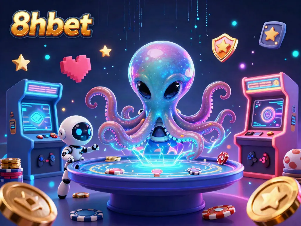 Experience the thrill of 8xbet's gameplay with an alien octopus at a vibrant holographic poker table.